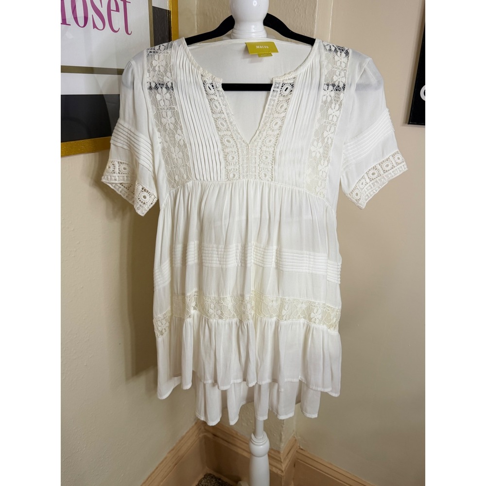 Maeve Anthropologie White Lace Trim Babydoll Tunic Top V-Neck Pleated XS